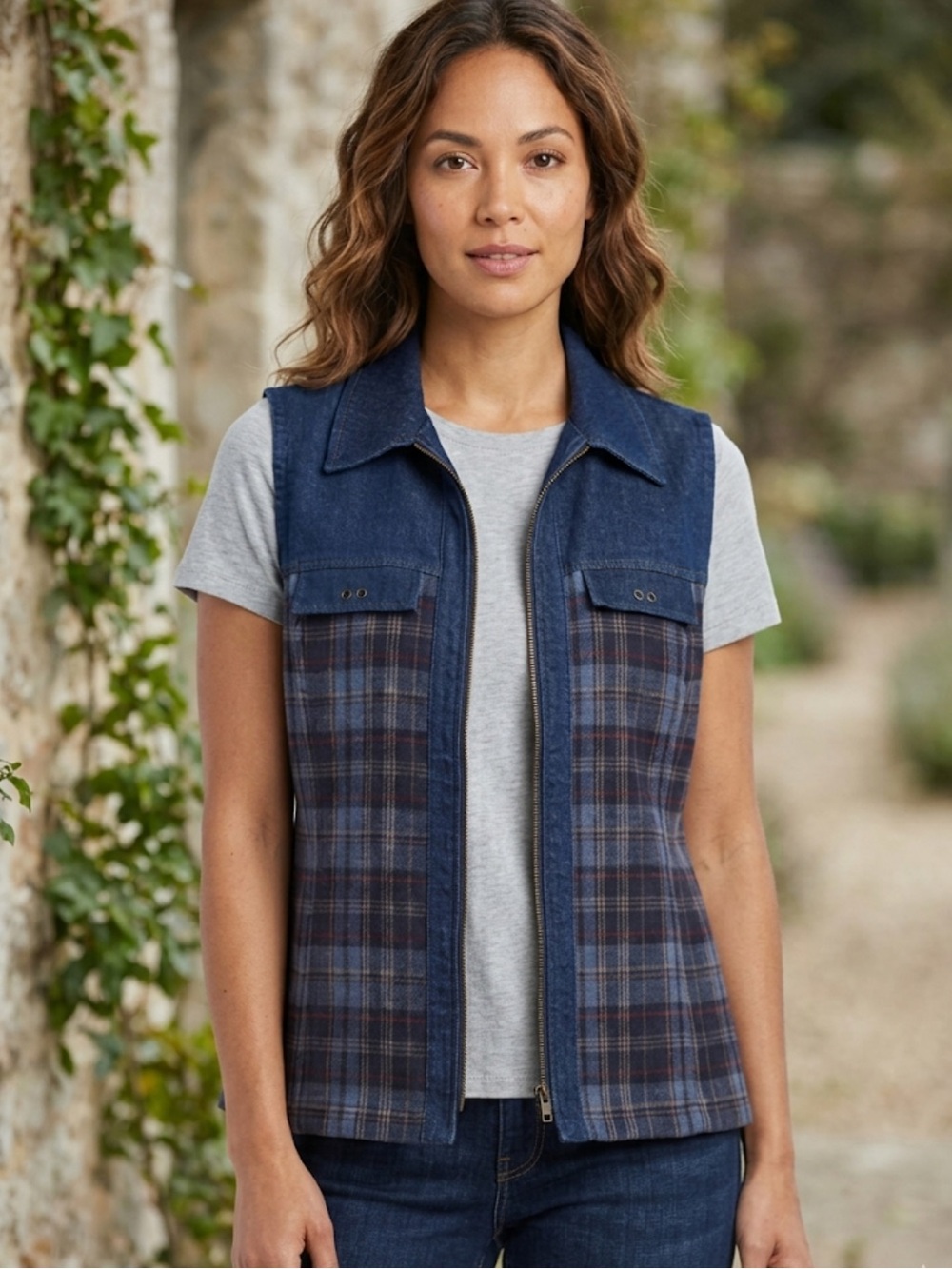 Marie Claire Denim & Plaid Zip-Up Vest – Size Small | Y2K Utility Outdoor Blue